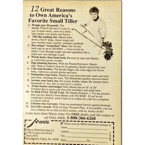 Mantis Manufacturing Small Tillers (12 Reasons to Own One" Vintage Print Ad 1993